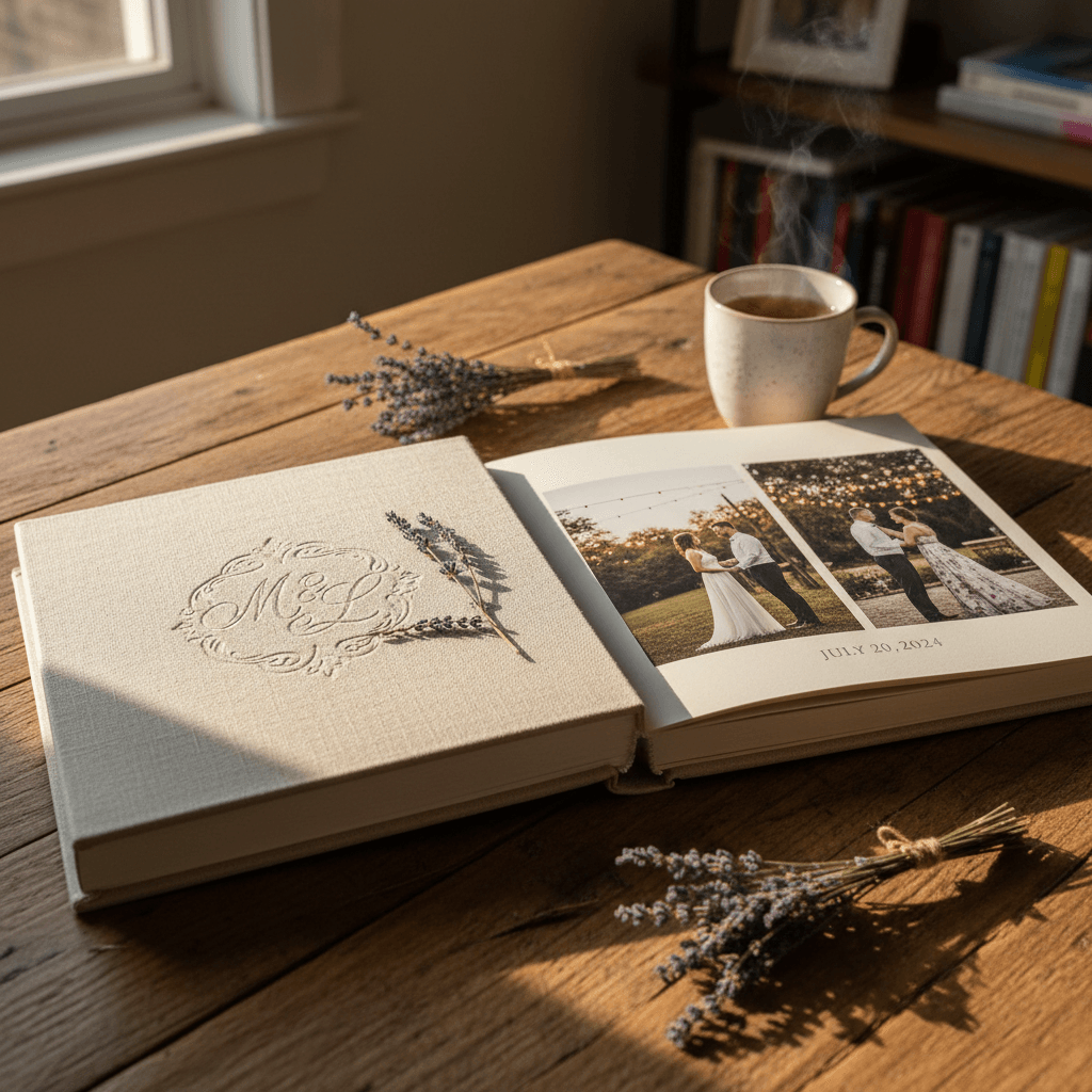 Premium hardcover photobook open to wedding spread, placed on white linen with soft natural light, luxury packaging box nearby