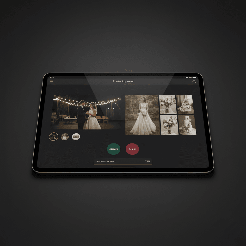 Tablet showing online photo approval interface with wedding album spreads in dark theme