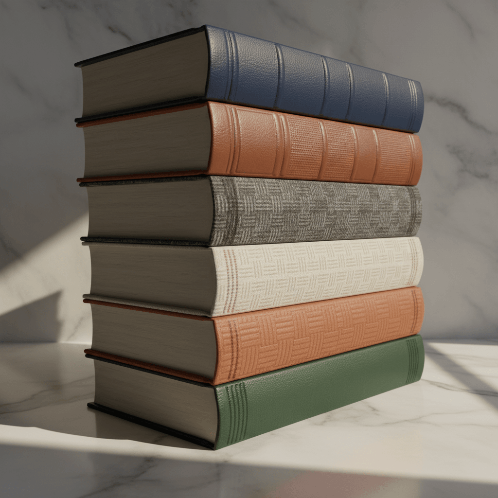 Premium hardcover wedding photobooks stacked on white marble surface, soft backlight, luxury editorial photography, dark moody atmosphere